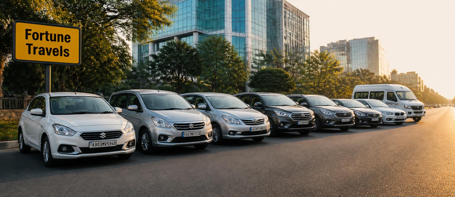 Fortune Travels fleet of clean tourism cars parked in a row on a Bengaluru street with a yellow Fortune Travels signboard
