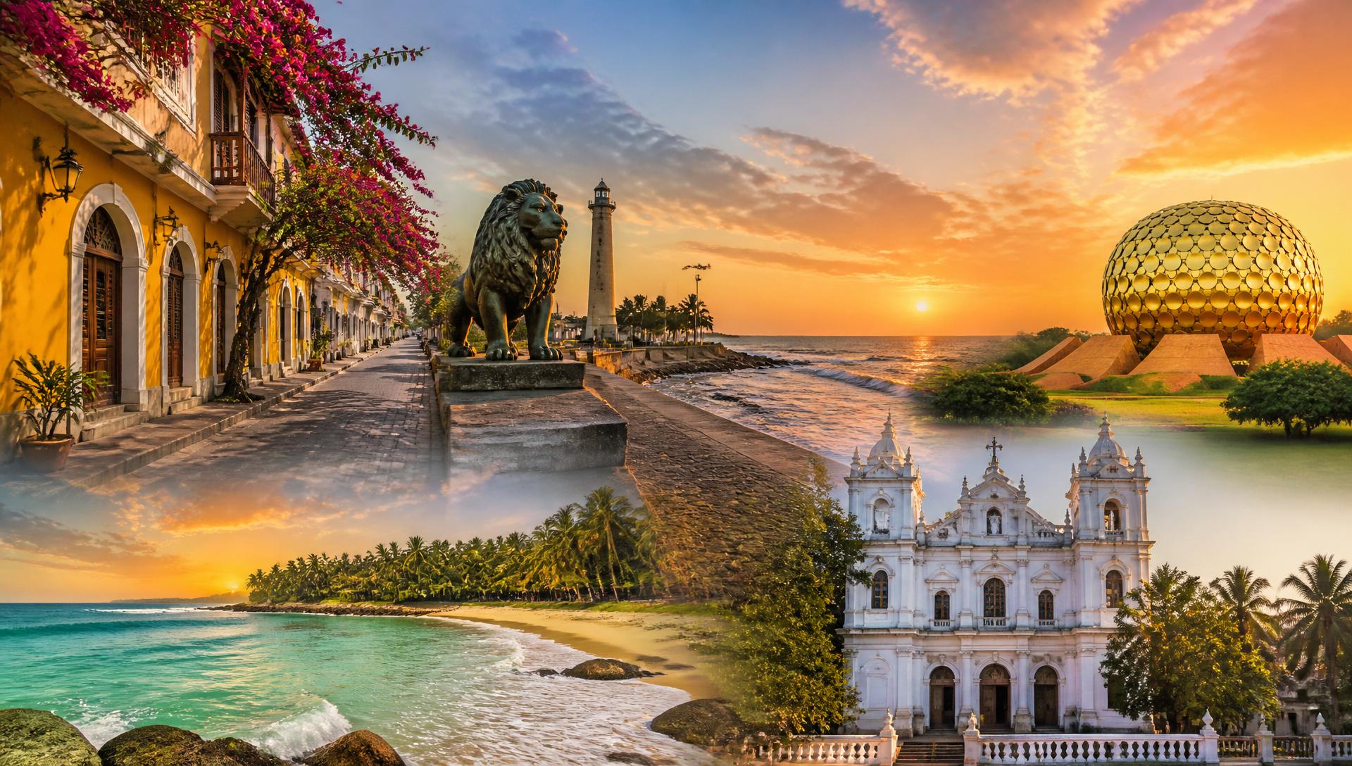 Pondicherry — French Quarter, Promenade Beach, Auroville Matrimandir, Paradise Beach and the Basilica.