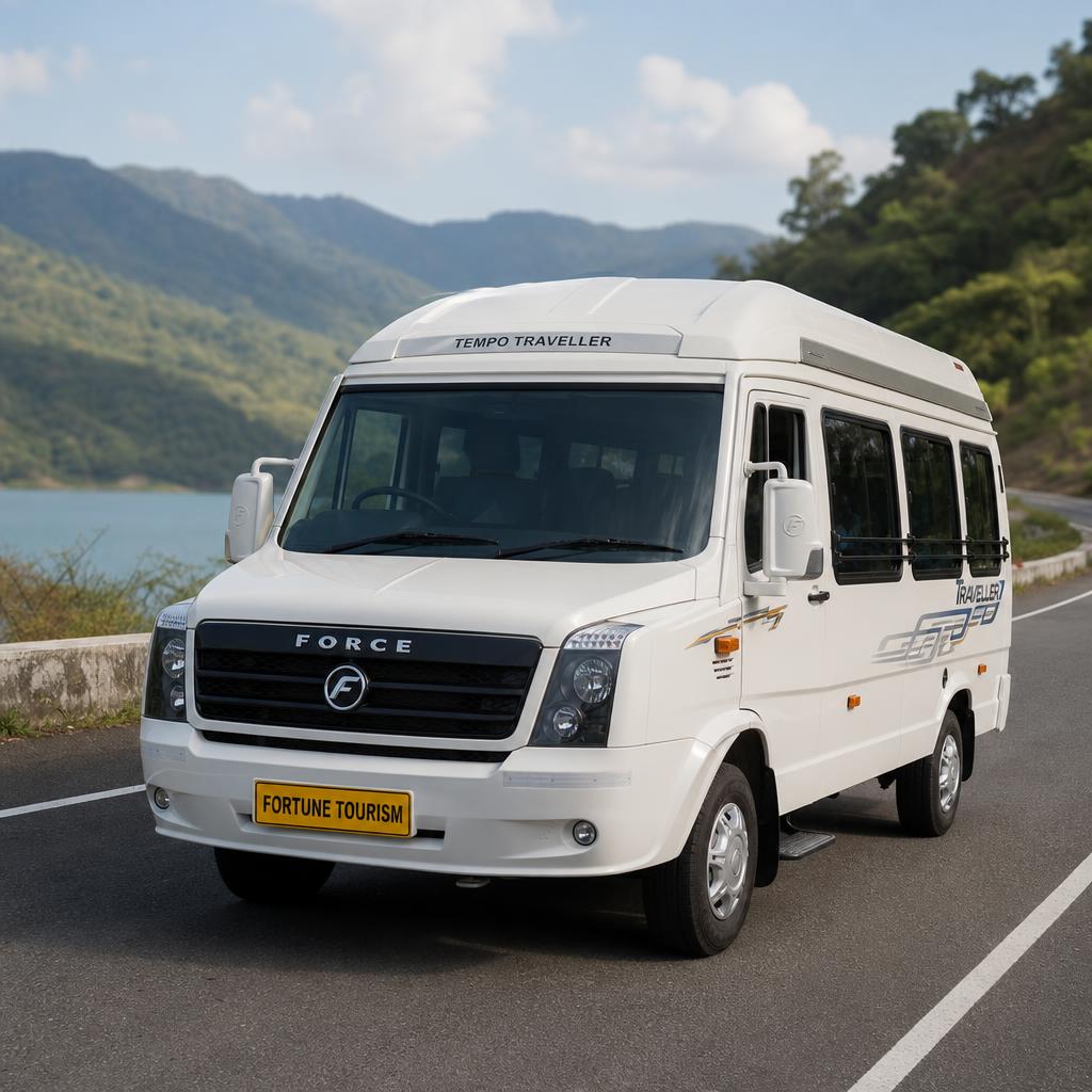 Force Tempo Traveller minivan on a Karnataka road