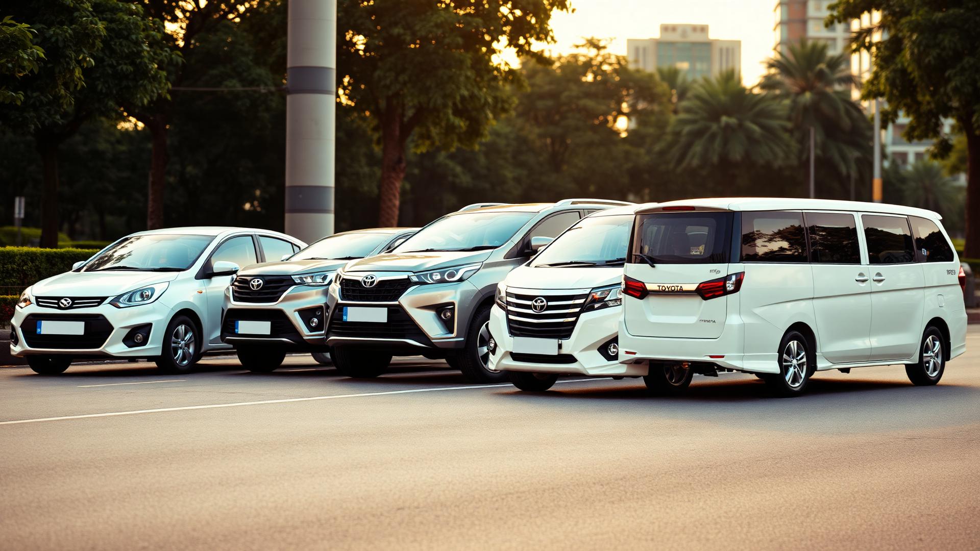 Fortune Tourism fleet of sedans, SUVs and Tempo Traveller parked on a Bengaluru boulevard